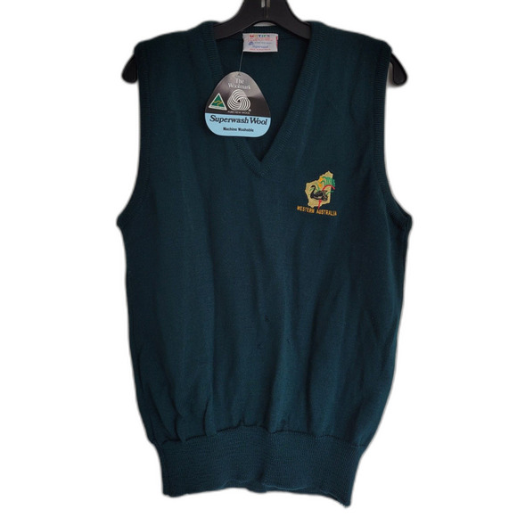 NEW MOTIFS Pure New Wool Vintage Style Western Australia Green Knit Sweater Vest - Picture 11 of 11